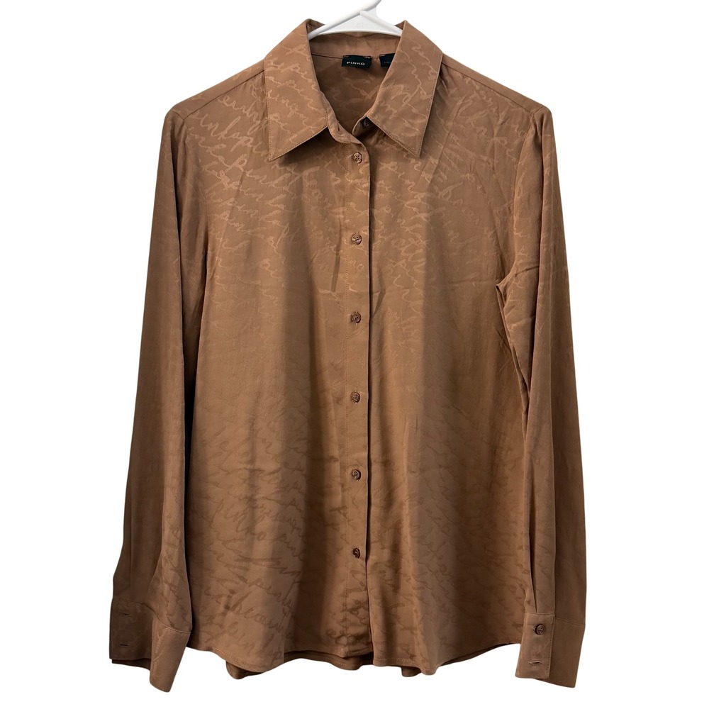 PINKO Womens Tan Script Logo Jacquard Button Up Shirt Top Size 38 US2 Office‎